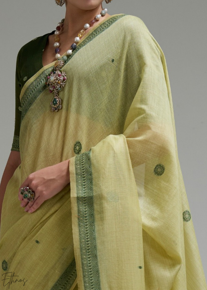 Lime Yellow Geometric Block Printed Jamdani Cotton Saree