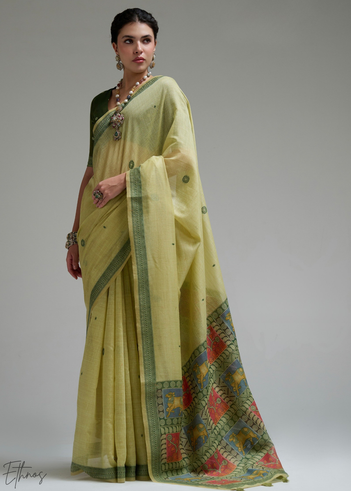 Lime Yellow Geometric Block Printed Jamdani Cotton Saree