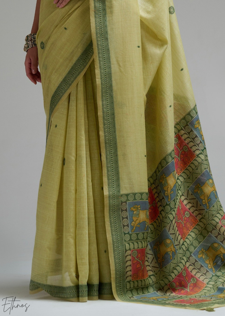 Lime Yellow Geometric Block Printed Jamdani Cotton Saree