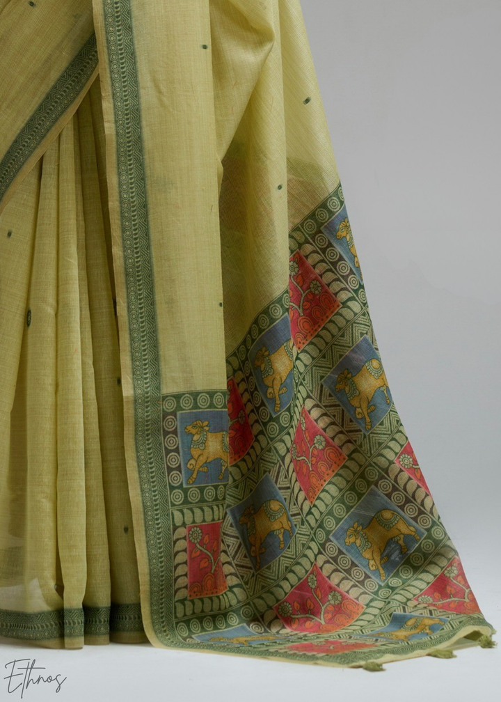 Lime Yellow Geometric Block Printed Jamdani Cotton Saree