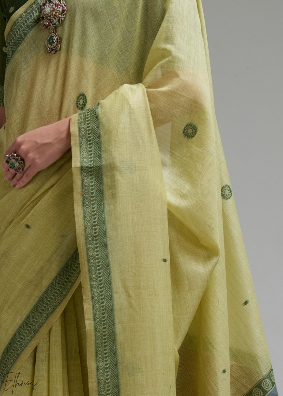 Lime Yellow Geometric Block Printed Jamdani Cotton Saree