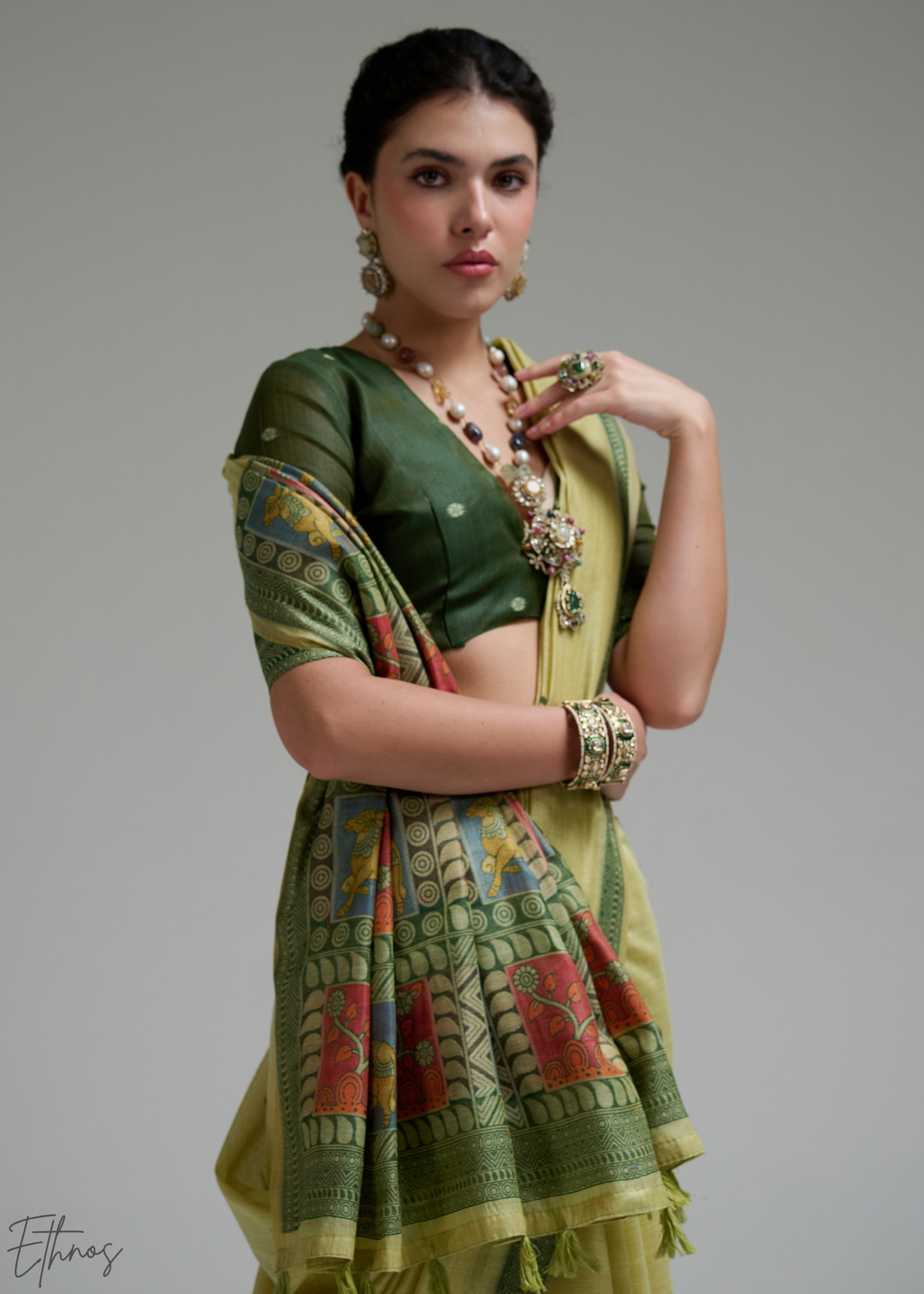 Lime Yellow Geometric Block Printed Jamdani Cotton Saree