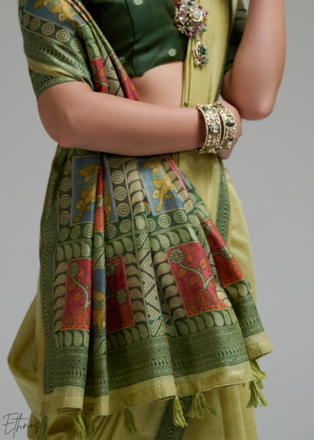 Lime Yellow Geometric Block Printed Jamdani Cotton Saree