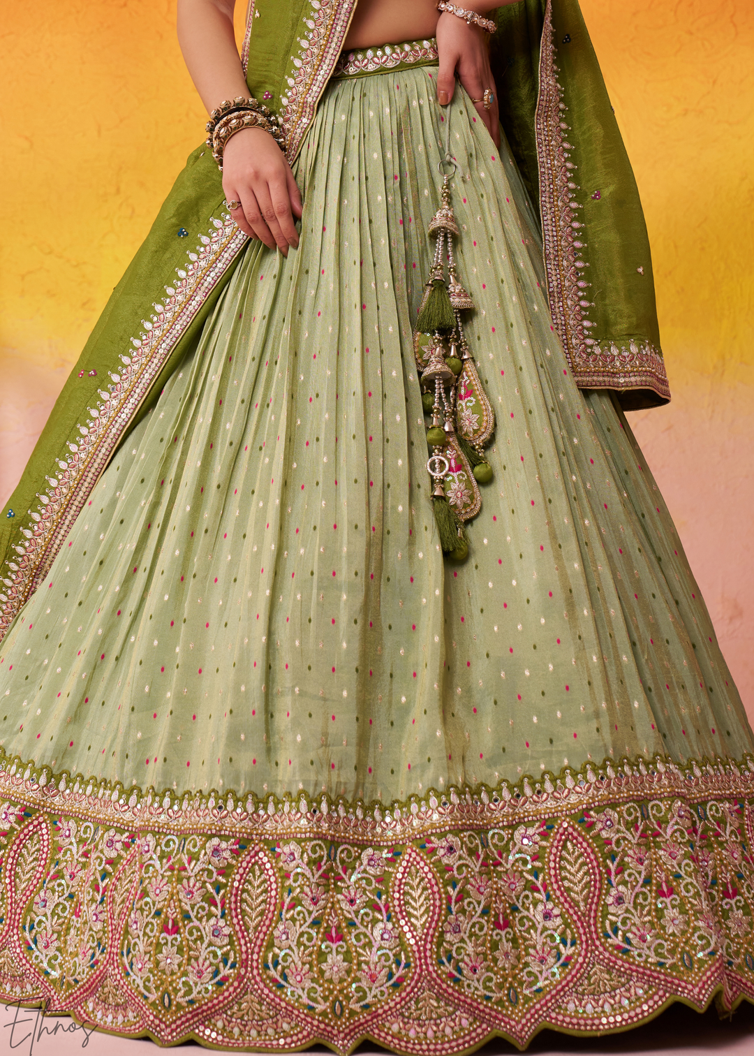 Lime Green Tissue Silk Lehenga