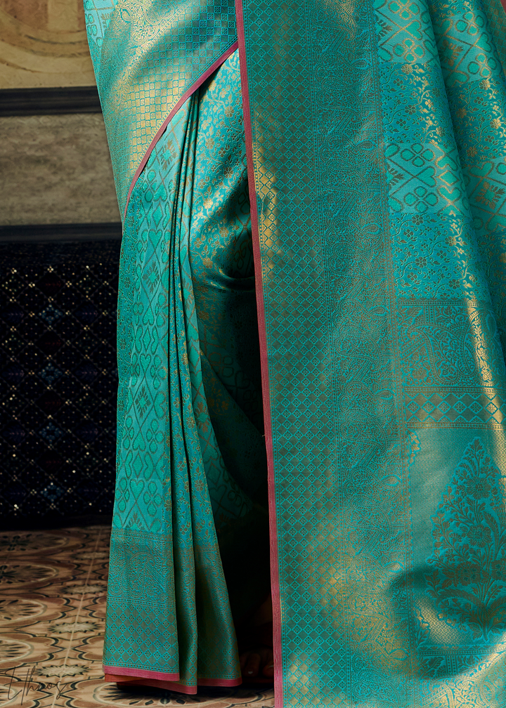 Luminous Aqua Traditional Brocade Handloom Silk Saree