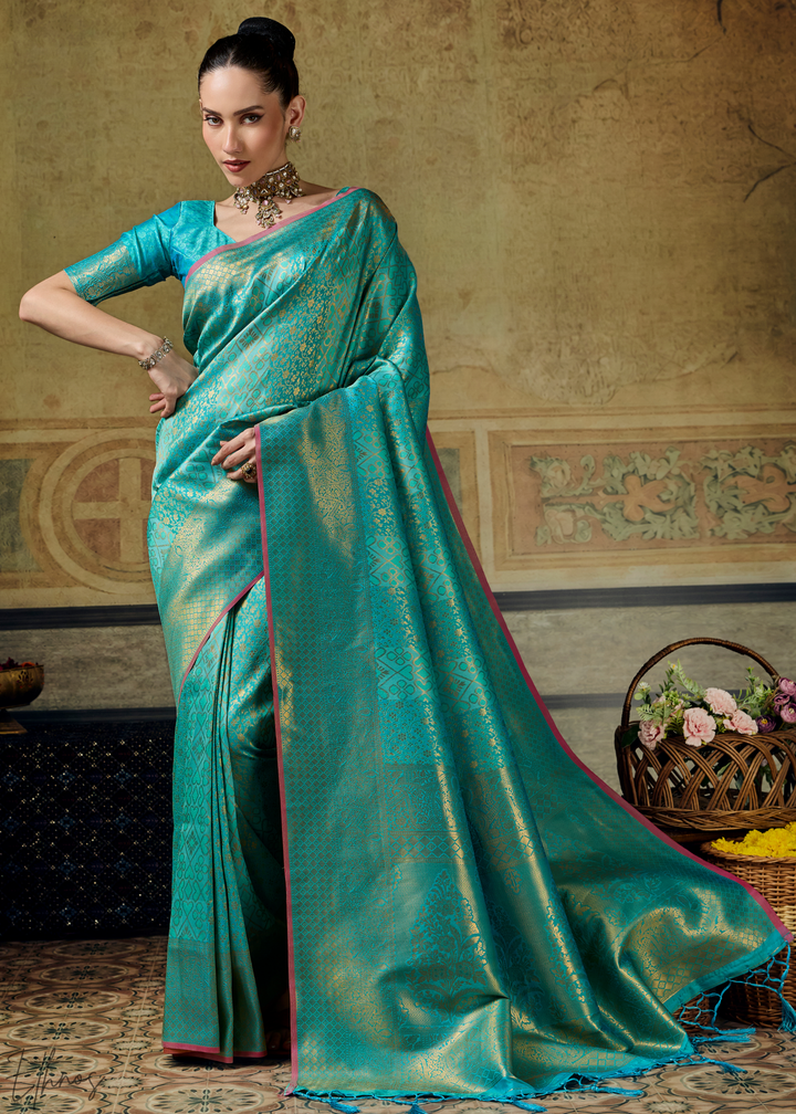 Luminous Aqua Traditional Brocade Handloom Silk Saree