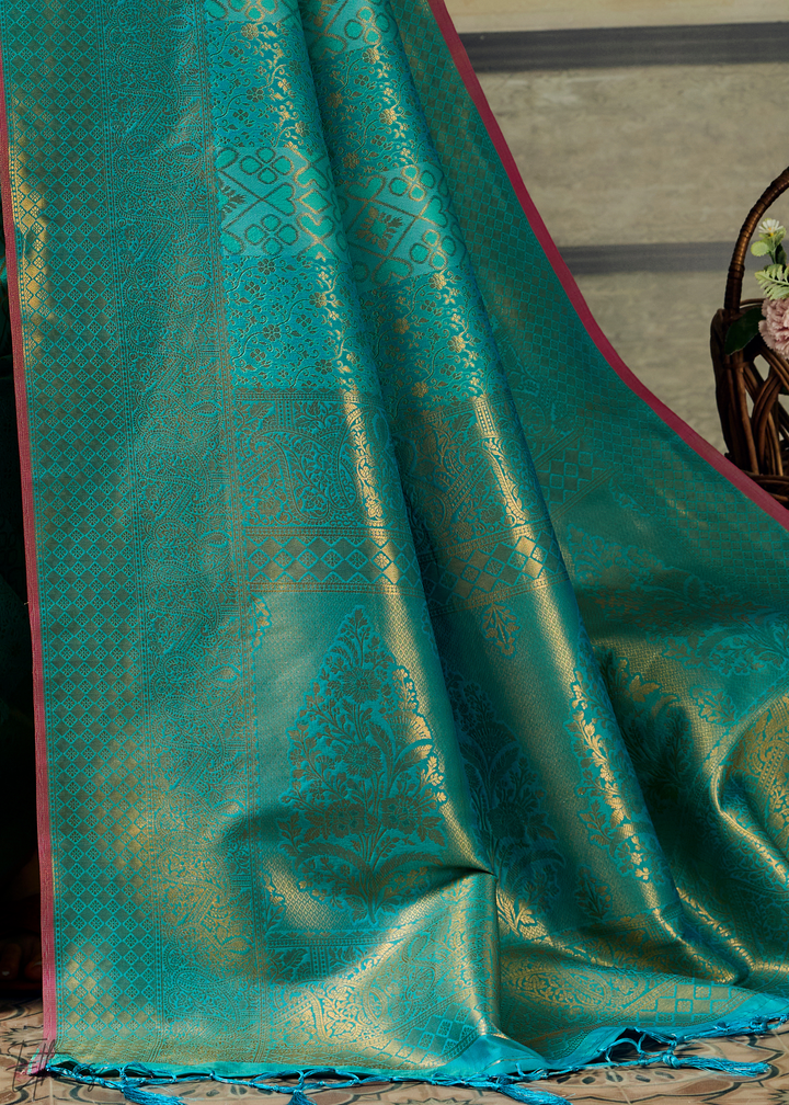 Luminous Aqua Traditional Brocade Handloom Silk Saree