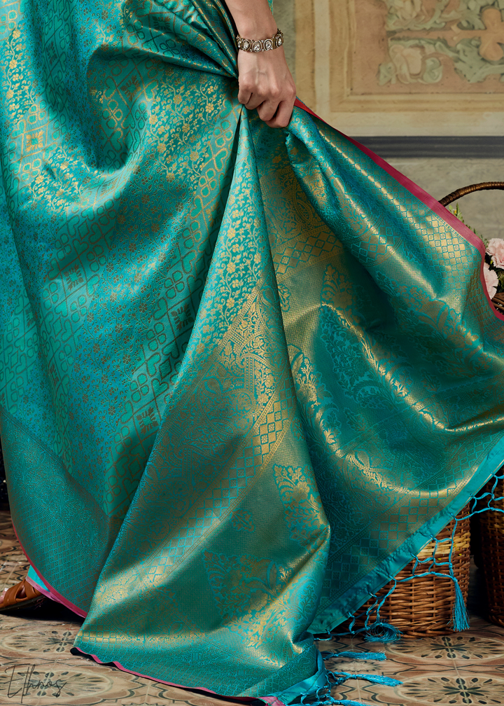 Luminous Aqua Traditional Brocade Handloom Silk Saree