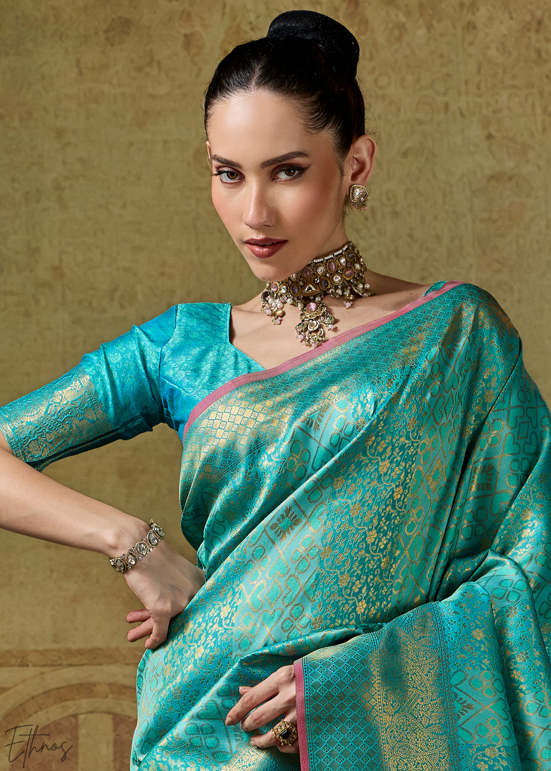 Luminous Aqua Traditional Brocade Handloom Silk Saree