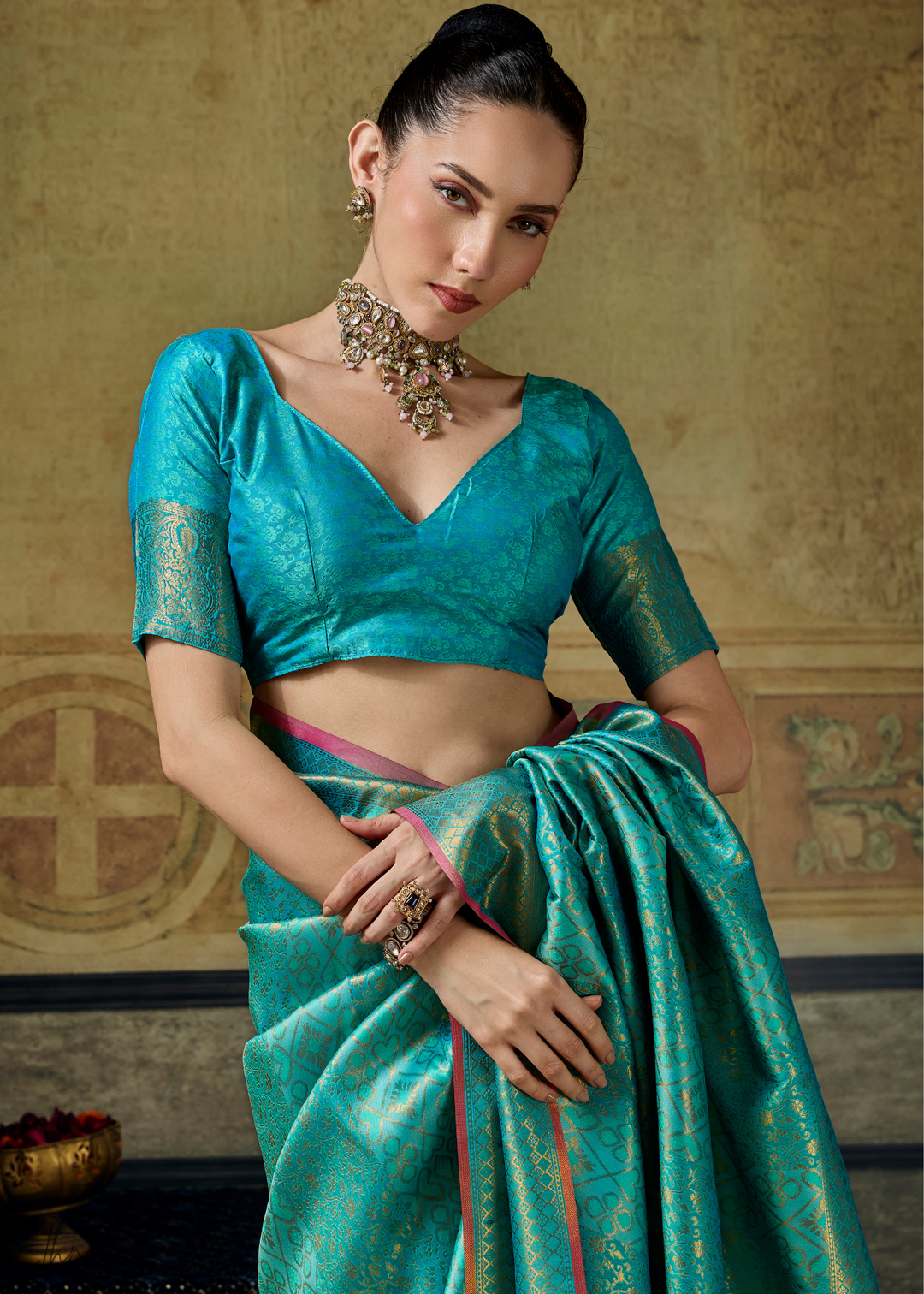 Luminous Aqua Traditional Brocade Handloom Silk Saree