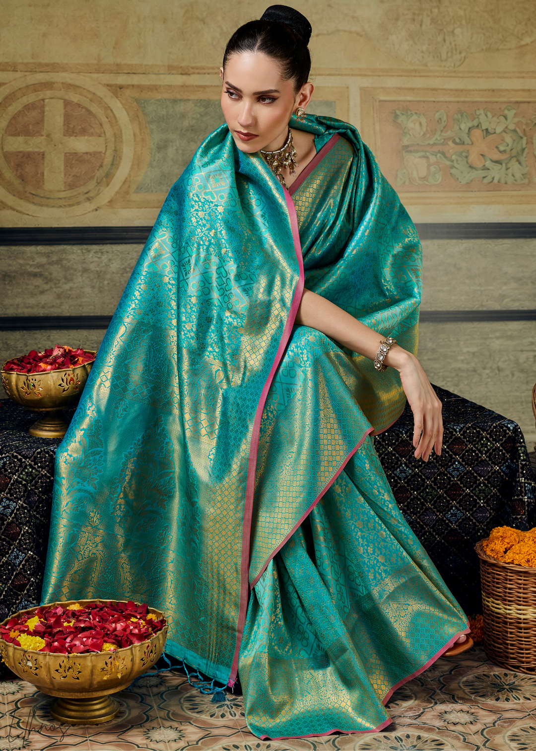 Luminous Aqua Traditional Brocade Handloom Silk Saree