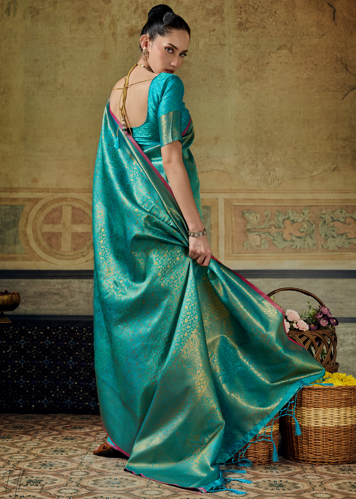 Luminous Aqua Traditional Brocade Handloom Silk Saree