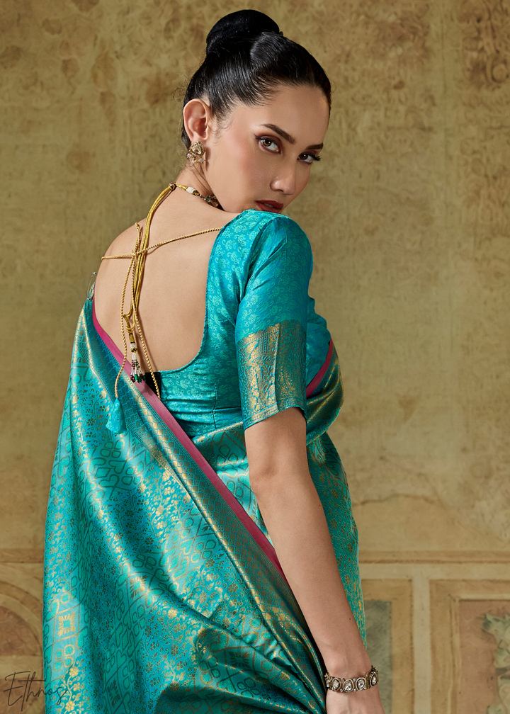 Luminous Aqua Traditional Brocade Handloom Silk Saree