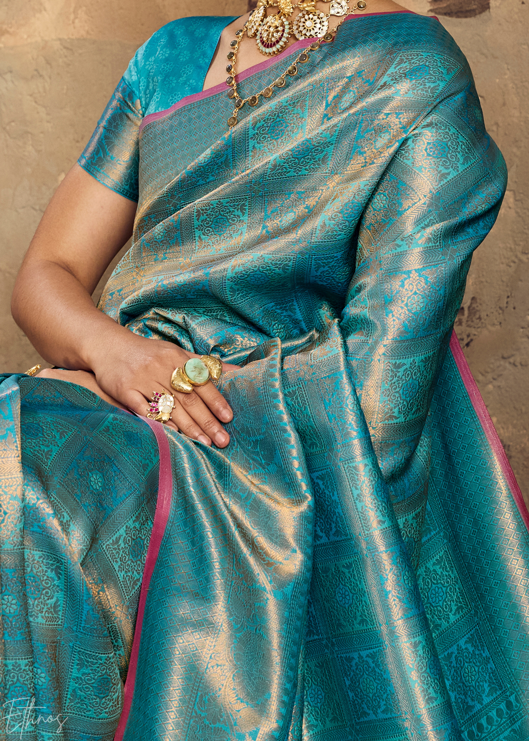 Luminous Aqua Traditional Brocade Silk Saree