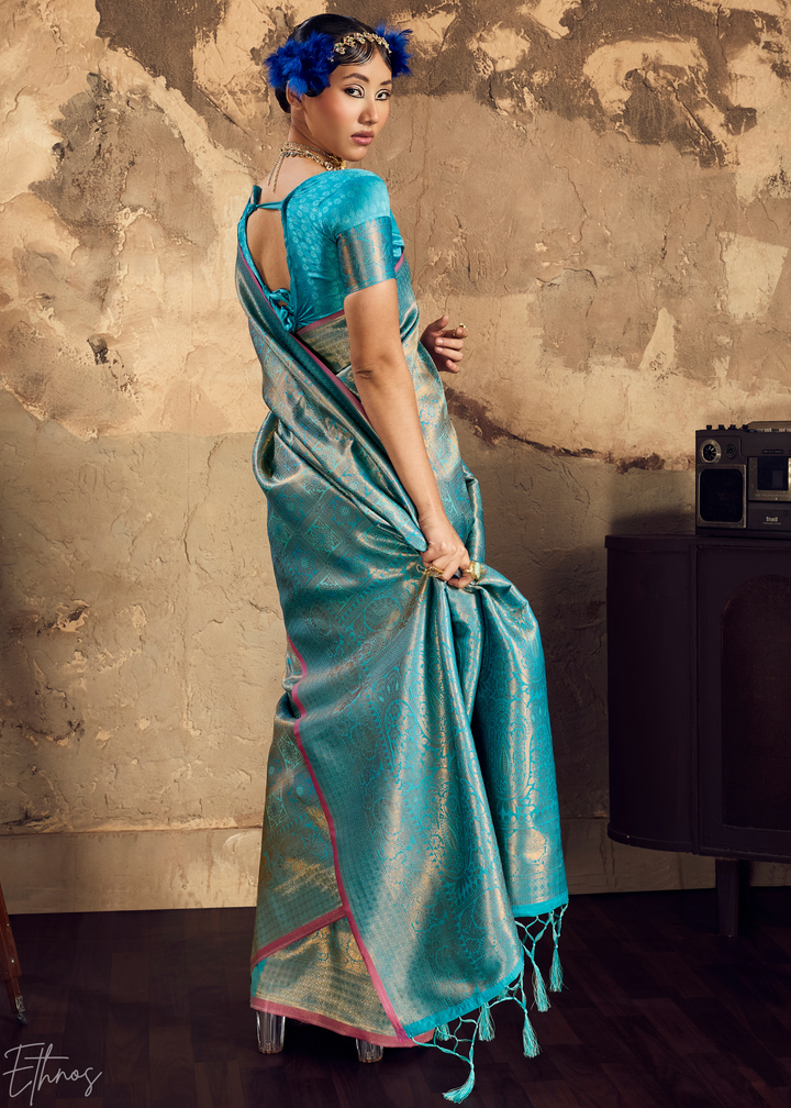 Luminous Aqua Traditional Brocade Silk Saree