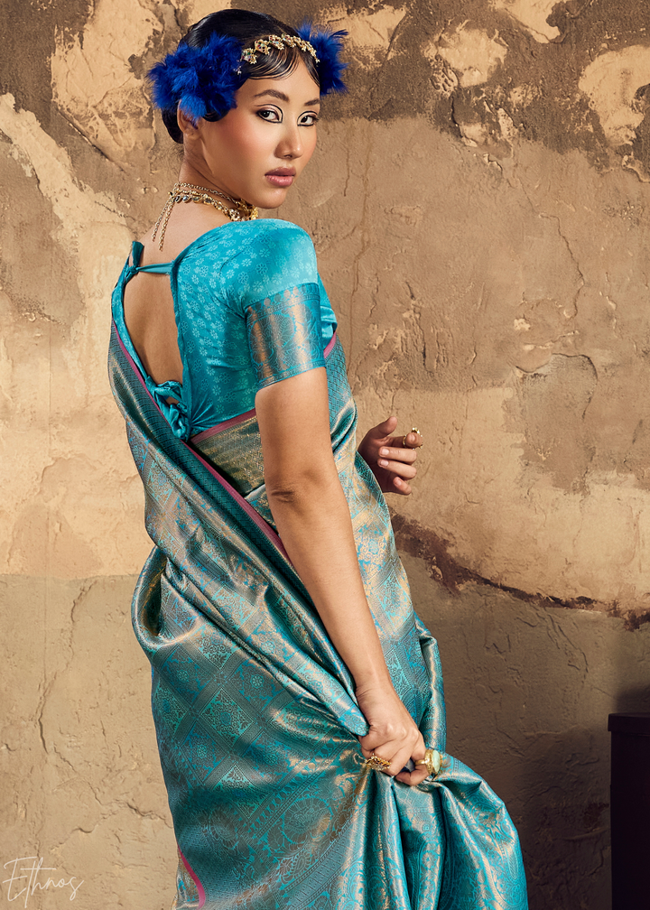 Luminous Aqua Traditional Brocade Silk Saree