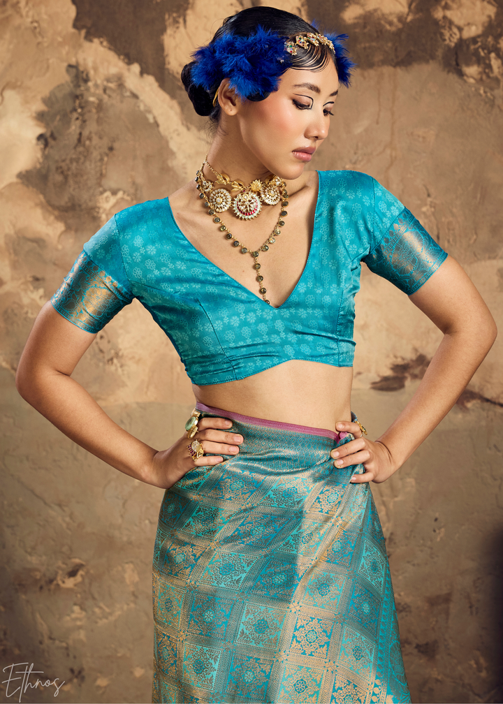 Luminous Aqua Traditional Brocade Silk Saree