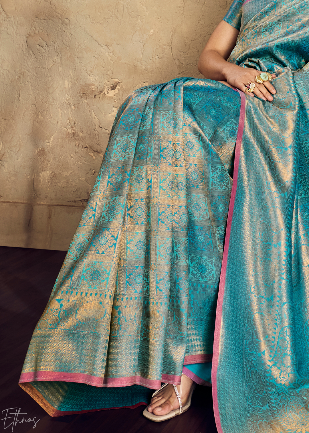 Luminous Aqua Traditional Brocade Silk Saree