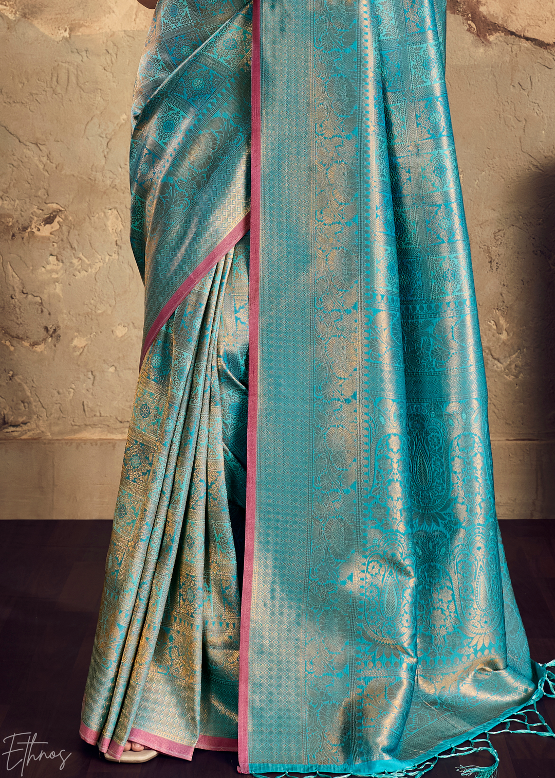 Luminous Aqua Traditional Brocade Silk Saree