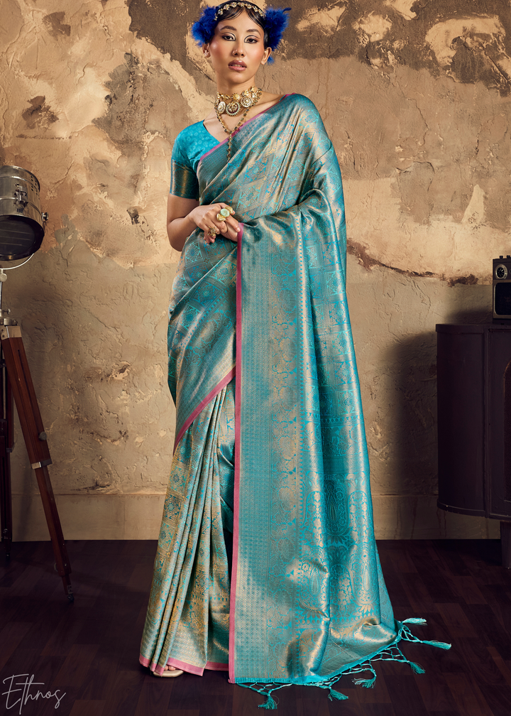 Luminous Aqua Traditional Brocade Silk Saree