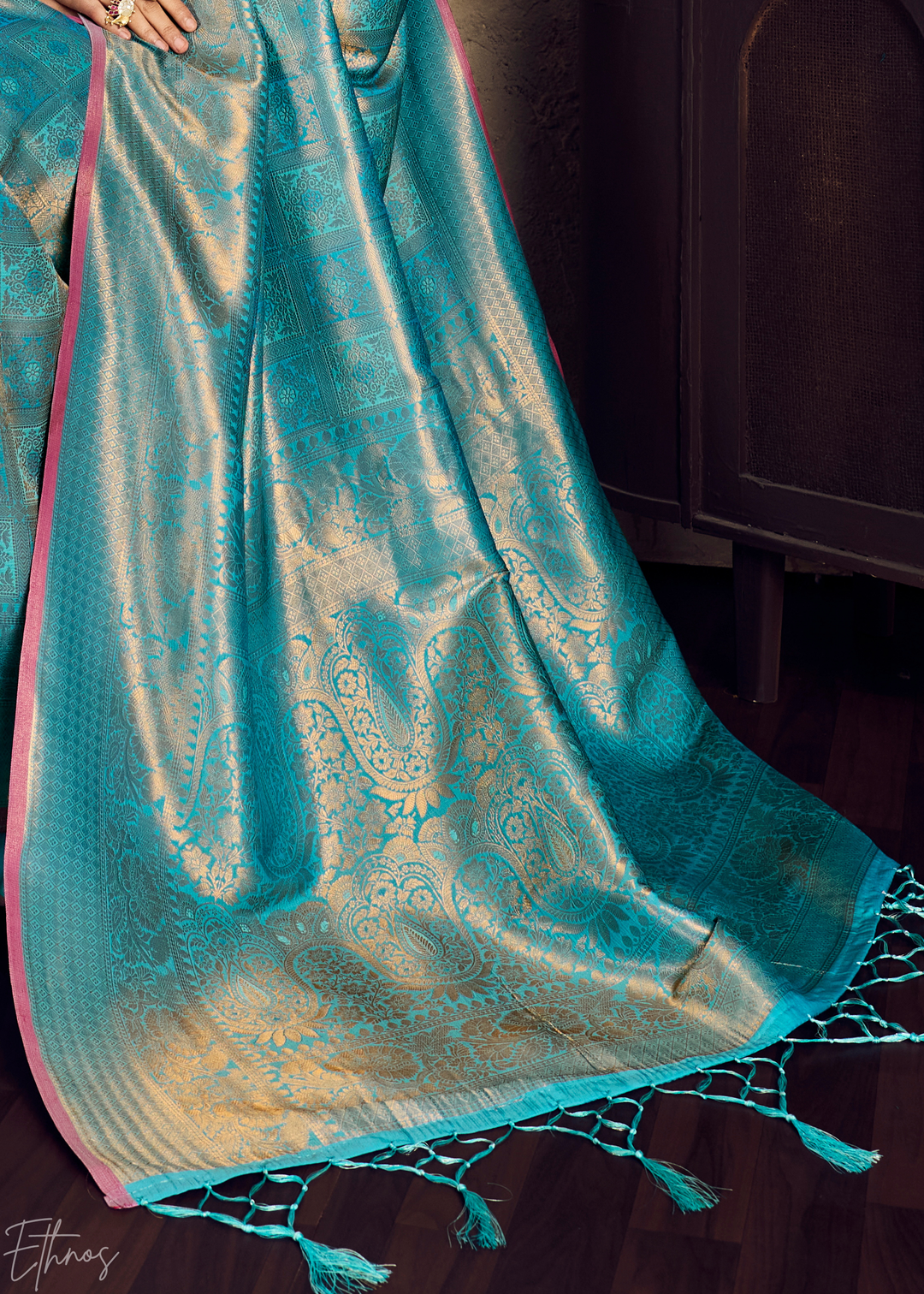 Luminous Aqua Traditional Brocade Silk Saree