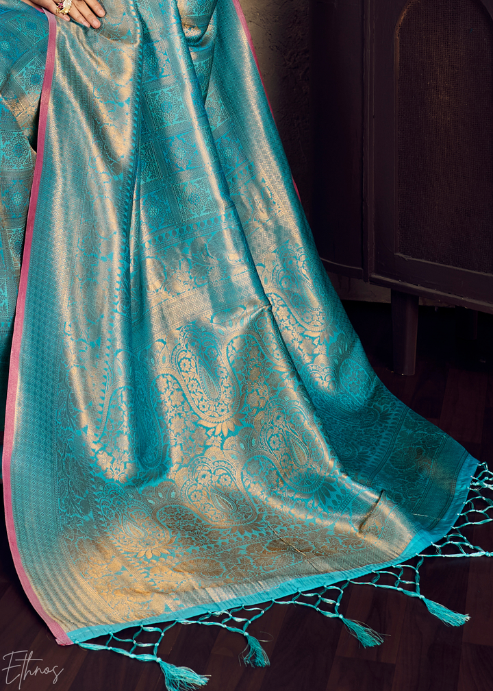 Luminous Aqua Traditional Brocade Silk Saree