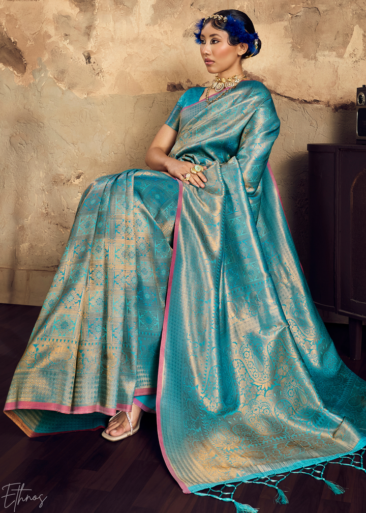 Luminous Aqua Traditional Brocade Silk Saree