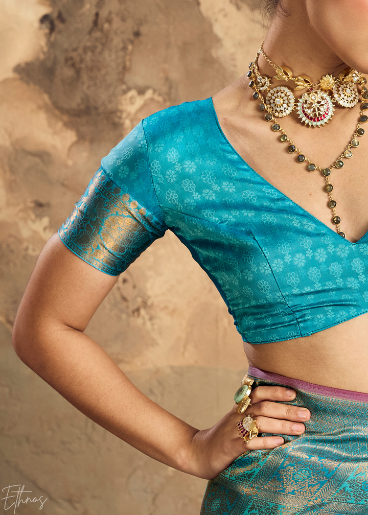 Luminous Aqua Traditional Brocade Silk Saree