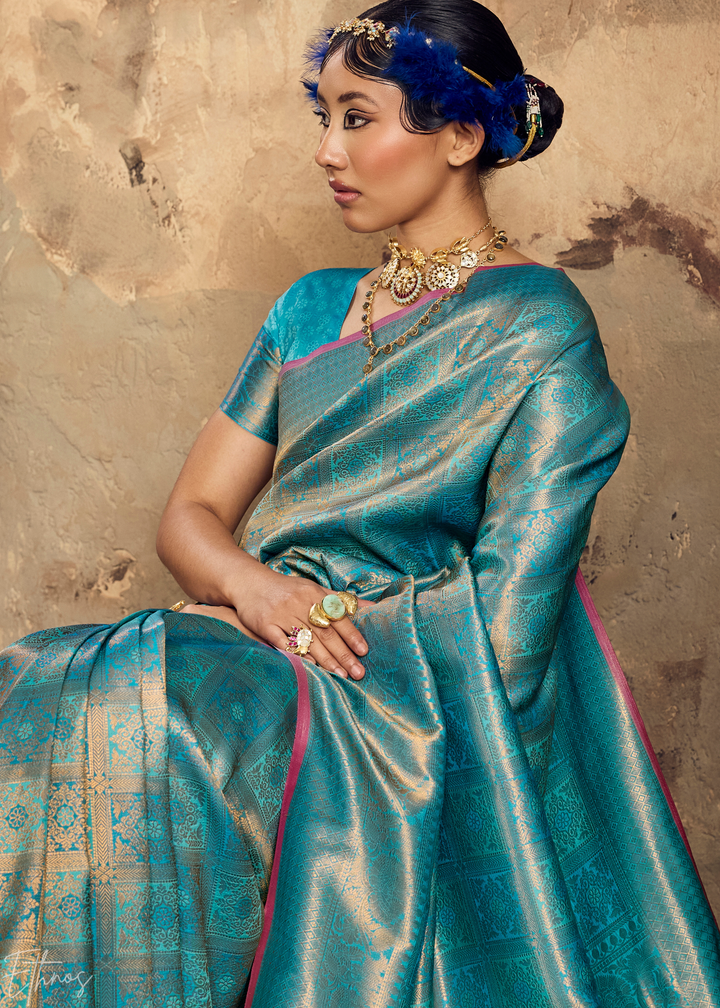 Luminous Aqua Traditional Brocade Silk Saree