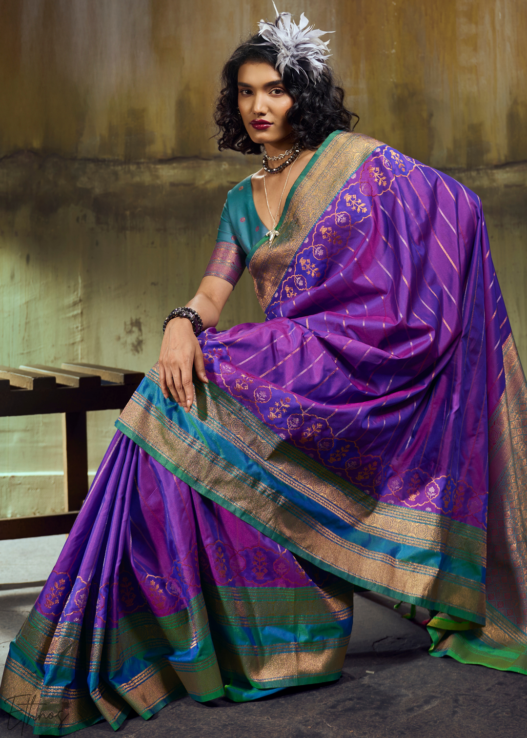 Iridescent Amethyst Emerald Pochampally Saree