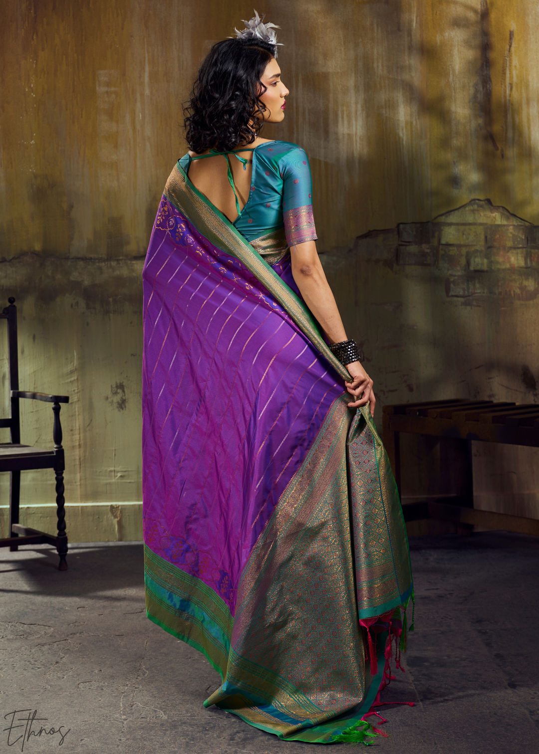 Iridescent Amethyst Emerald Pochampally Saree