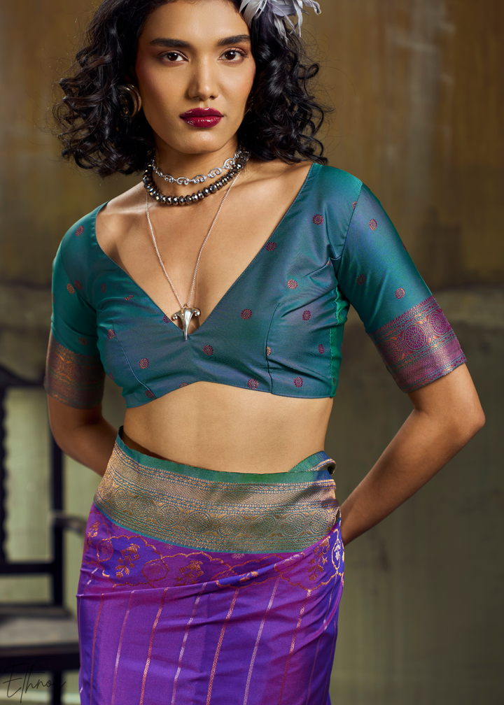 Iridescent Amethyst Emerald Pochampally Saree