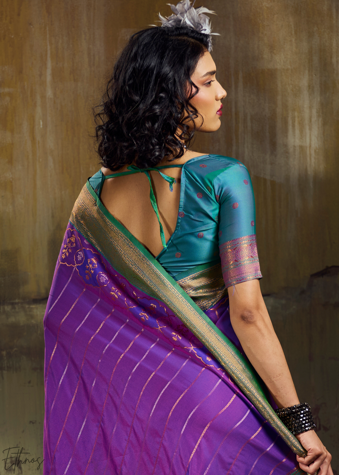 Iridescent Amethyst Emerald Pochampally Saree