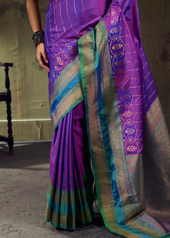 Iridescent Amethyst Emerald Pochampally Saree