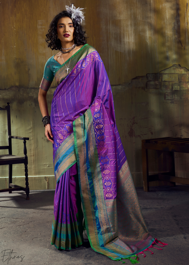 Iridescent Amethyst Emerald Pochampally Saree