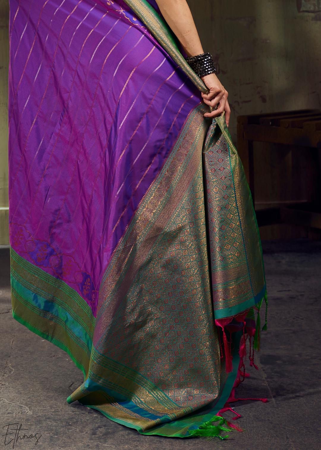 Iridescent Amethyst Emerald Pochampally Saree