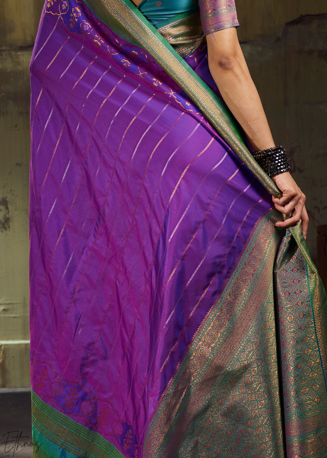 Iridescent Amethyst Emerald Pochampally Saree