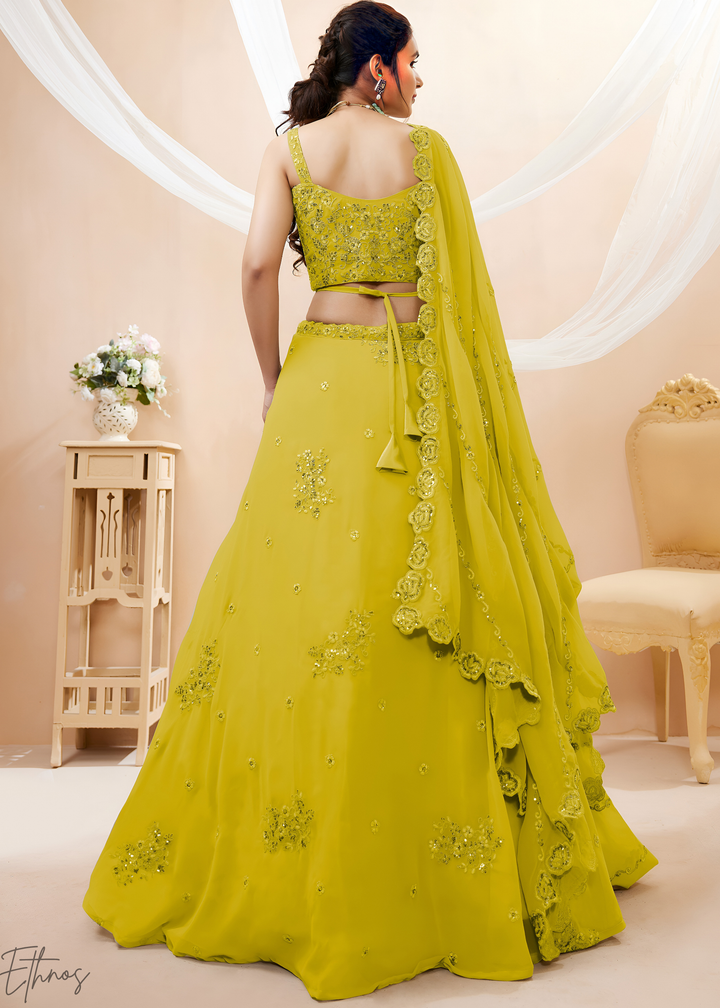 Luminous Lime Raised Rosette Georgette Lehenga Choli