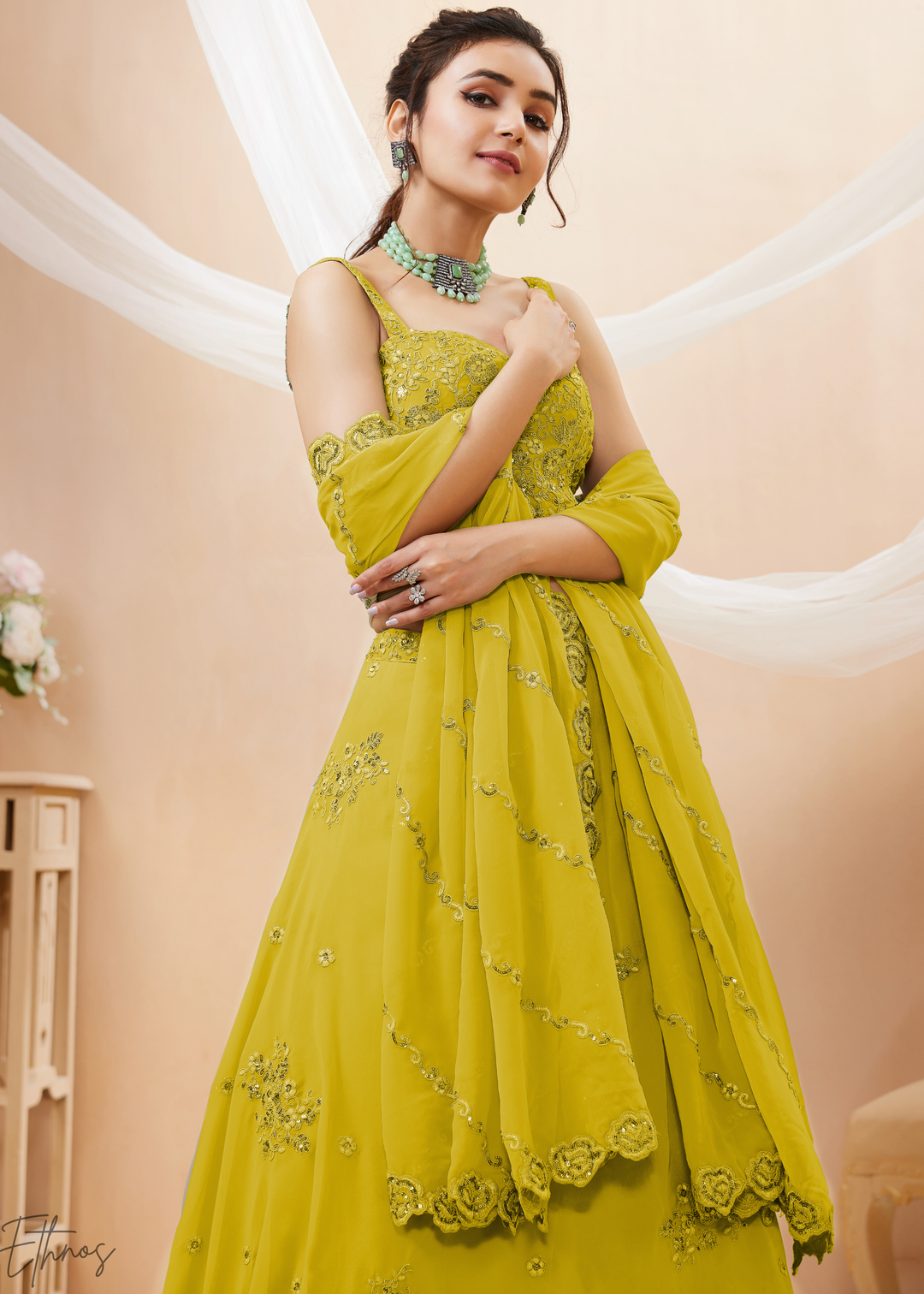 Luminous Lime Raised Rosette Georgette Lehenga Choli