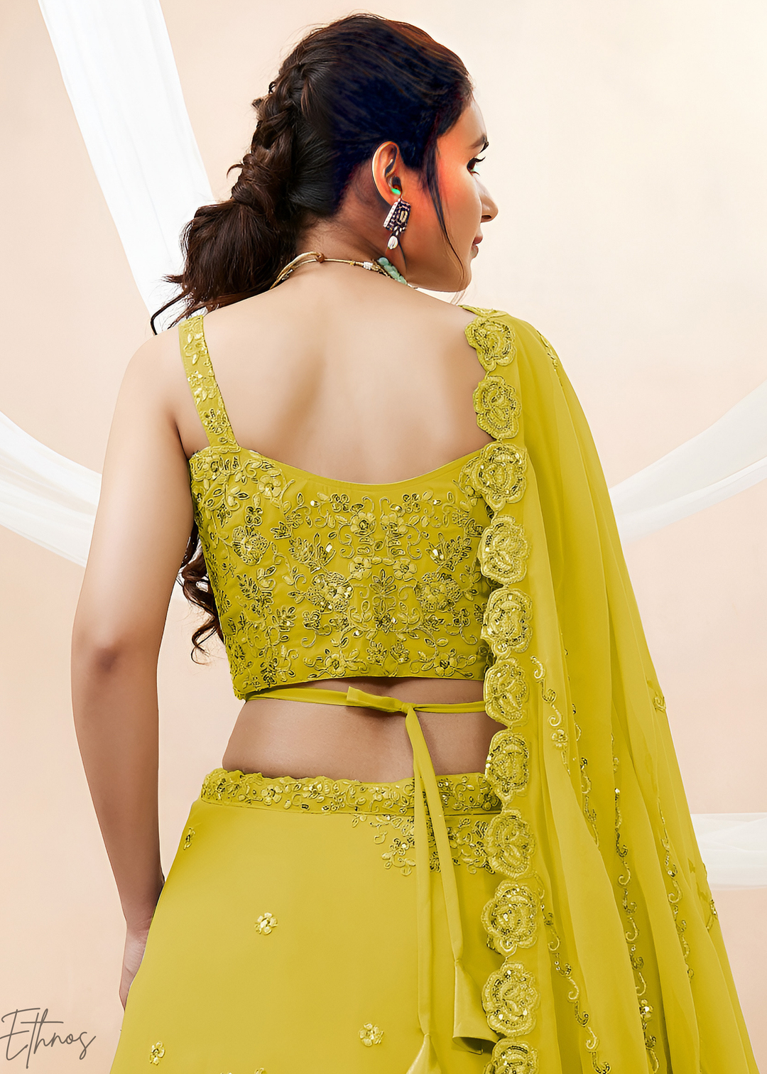 Luminous Lime Raised Rosette Georgette Lehenga Choli