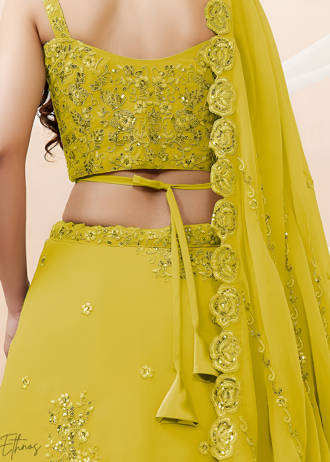 Luminous Lime Raised Rosette Georgette Lehenga Choli