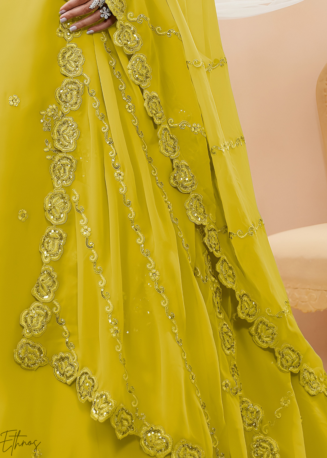 Luminous Lime Raised Rosette Georgette Lehenga Choli