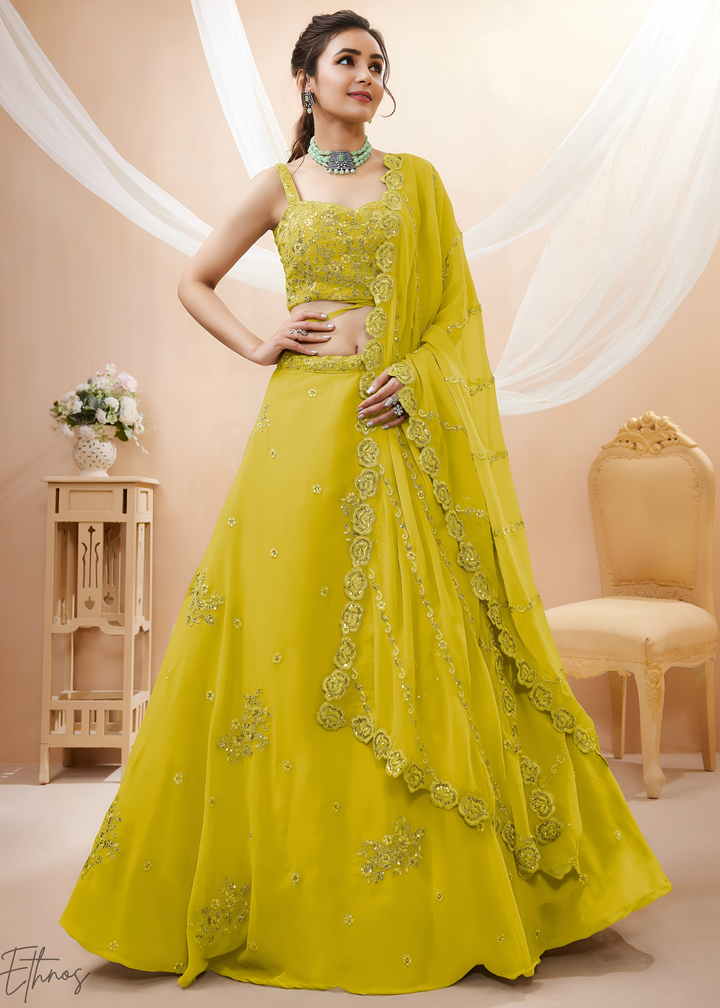 Luminous Lime Raised Rosette Georgette Lehenga Choli