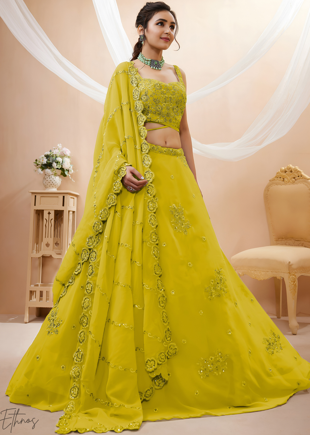 Luminous Lime Raised Rosette Georgette Lehenga Choli