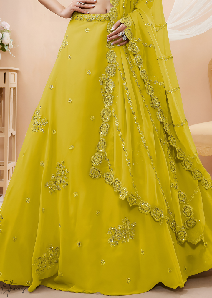 Luminous Lime Raised Rosette Georgette Lehenga Choli