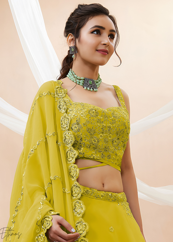 Luminous Lime Raised Rosette Georgette Lehenga Choli