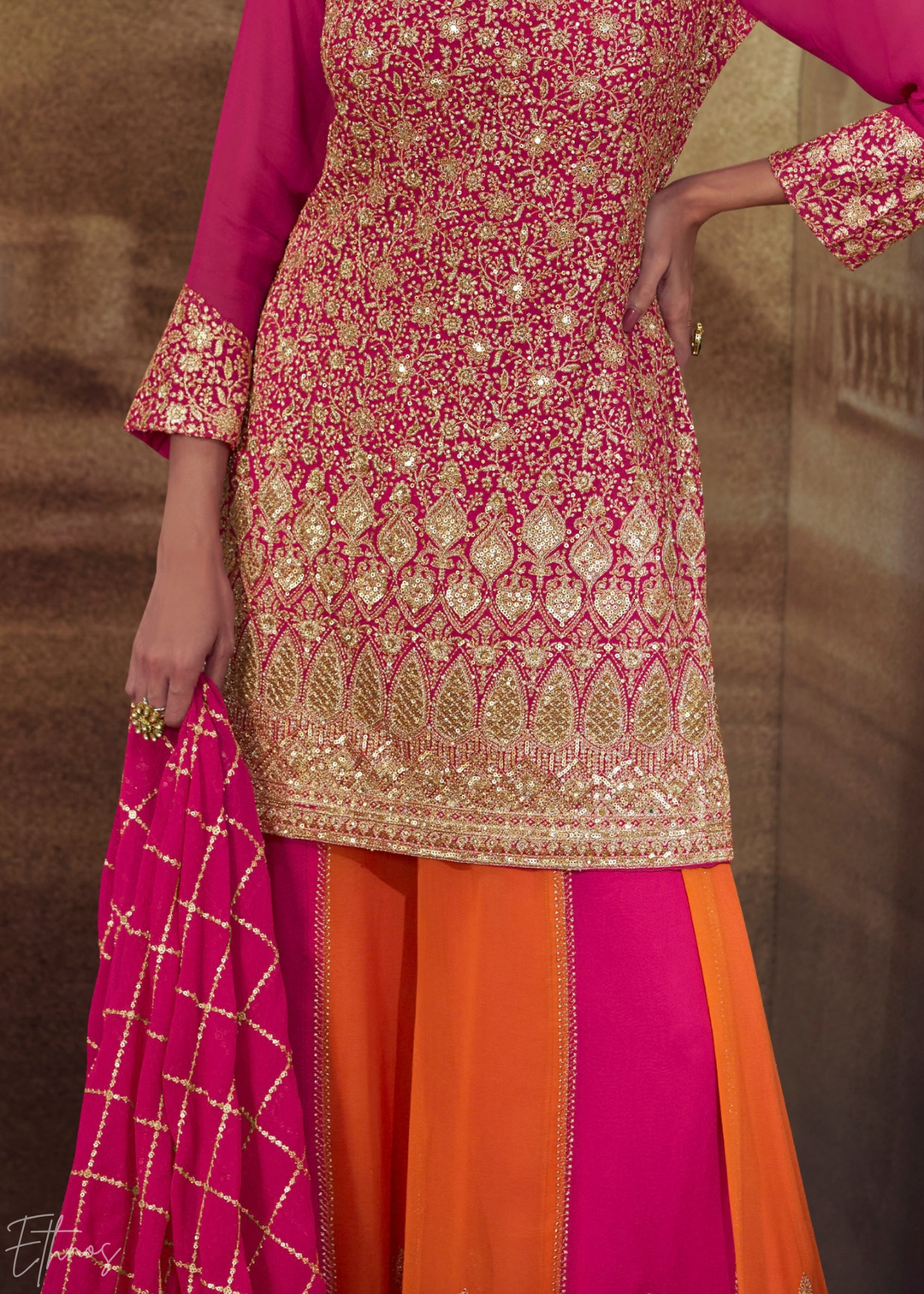 Magenta Chevron Gota Faux Georgette Palazzo Suit
