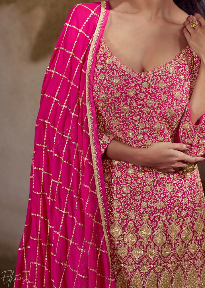 Magenta Chevron Gota Faux Georgette Palazzo Suit