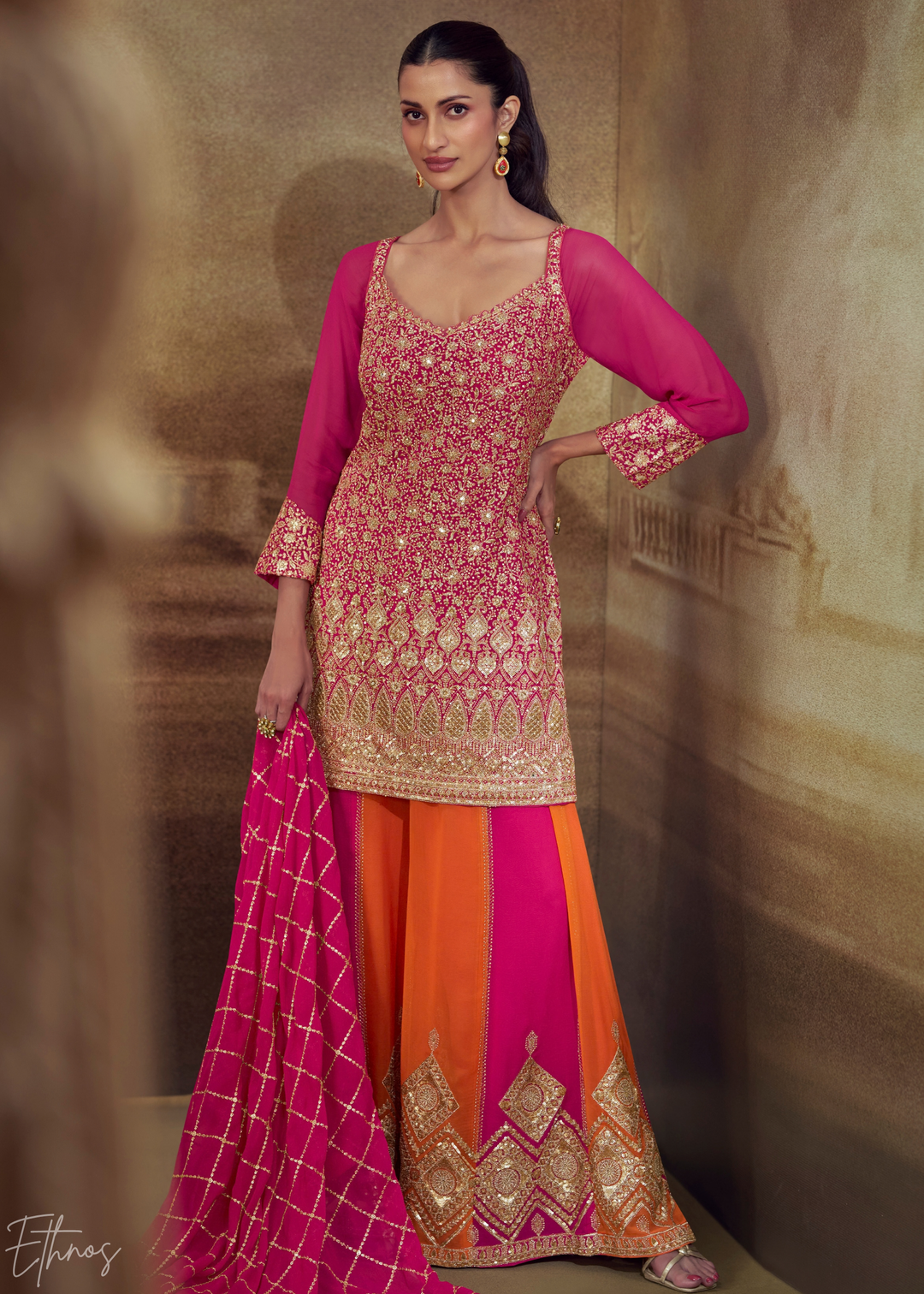 Magenta Chevron Gota Faux Georgette Palazzo Suit