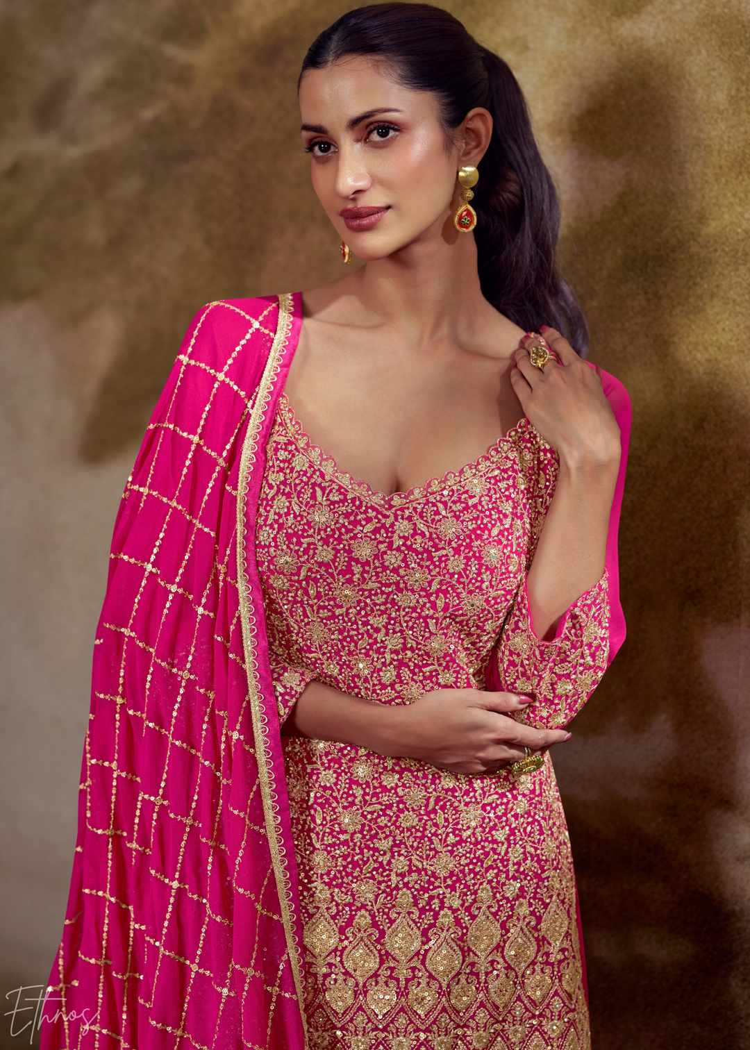 Magenta Chevron Gota Faux Georgette Palazzo Suit